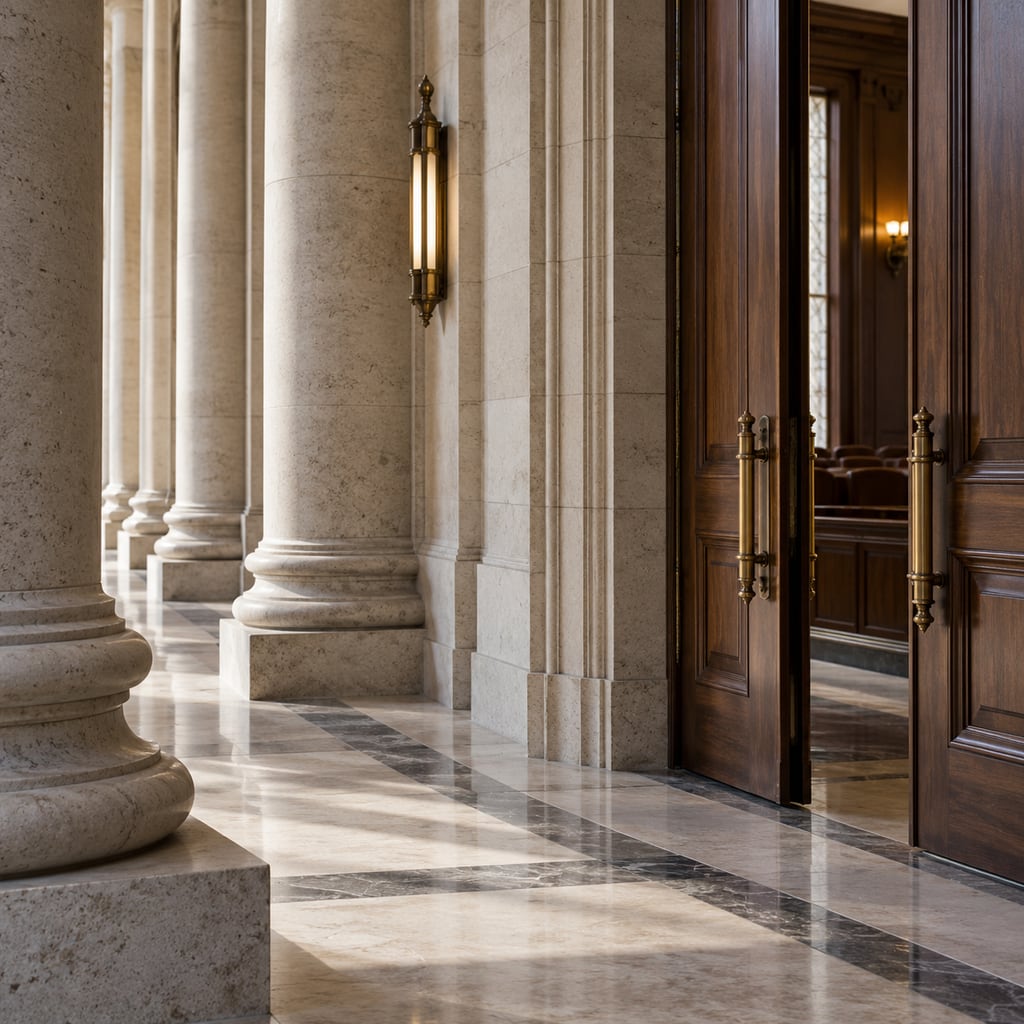Stone columns and wooden courthouse doors