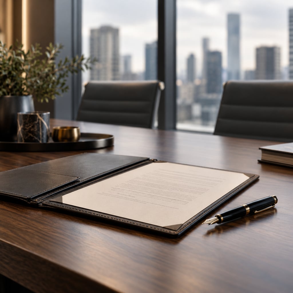 Business agreement and pen on a conference table
