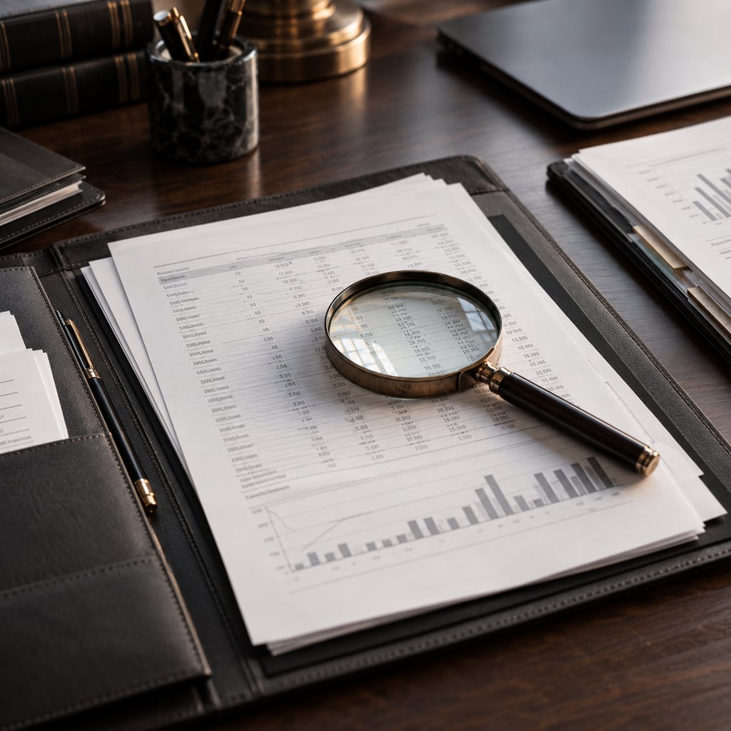 Financial records and a magnifying glass on a desk